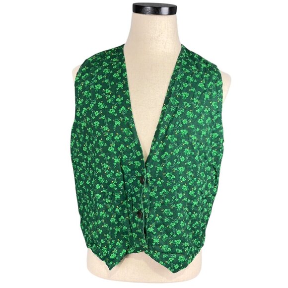 Green Shamrock Print Cotton Button-Up Vest Medium - Picture 1 of 7